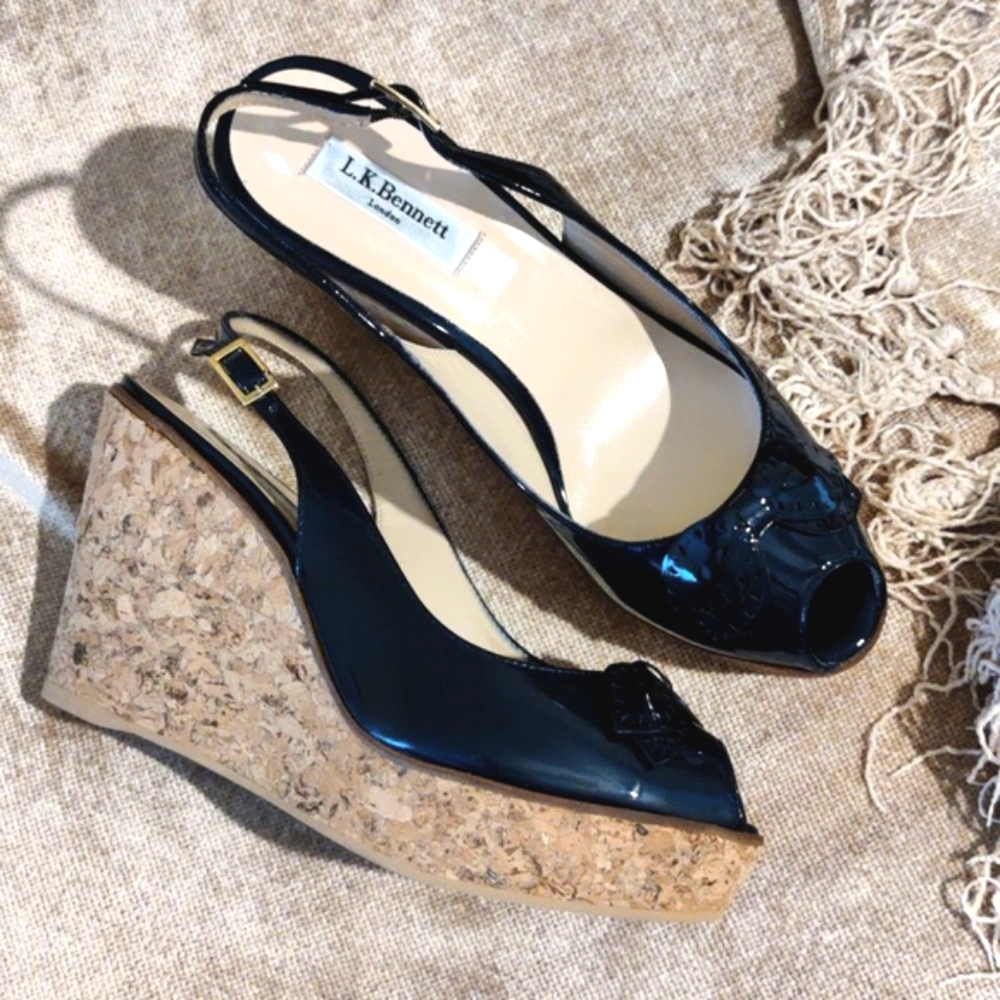 L.K. Bennett patent leather cork Platform Sling Peep Toe Sandals